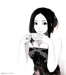  bare_shoulders black_eyes black_hair cup dress gun handgun jewelry lips looking_at_viewer monochrome necklace original poaro revolver ring solo spot_color twitter_username weapon white_background 