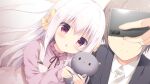  1boy 1girl black_jacket black_ribbon blurry blurry_foreground blush bow brown_hair cellphone chestnut_mouth closed_mouth collared_shirt depth_of_field dress dress_shirt dutch_angle fingernails game_asset hair_between_eyes hair_bow holding holding_phone inae_koron jacket koi_ni_kanmi_o_soete long_hair long_sleeves miyasaka_miyu miyasaka_naco neck_ribbon parted_lips phone pink_shirt puffy_sleeves red_eyes ribbon selfie shirt sleeveless sleeveless_dress sleeves_past_wrists smile stuffed_animal stuffed_cat stuffed_toy triangle_mouth very_long_hair white_hair white_shirt yellow_bow 