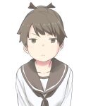  1girl black_neckerchief black_ribbon blush brown_eyes brown_hair brown_sailor_collar collarbone commentary_request frown hair_ribbon highres kantai_collection looking_at_viewer medium_hair neckerchief parted_bangs ponytail pout ribbon sailor_collar shikinami_(kancolle) shirt sidelocks simple_background solo upper_body wachi_(hati1186) white_background white_shirt 