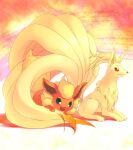  bright_pupils commentary_request emunise flareon green_eyes lying multiple_tails ninetales no_humans no_sclera open_mouth pokemon pokemon_(creature) pokemon_focus red_eyes shadow smile tail white_pupils 