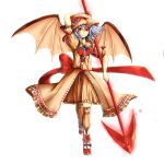  1girl bat_wings blue_hair boots bow bowtie brooch closed_mouth commentary_request fold-over_boots full_body hat hat_ribbon holding holding_polearm holding_weapon jewelry looking_at_viewer mangetsu_(yayoi) medium_hair mob_cap orange_hat orange_shirt orange_skirt pink_thighhighs polearm red_boots red_bow red_bowtie red_eyes remilia_scarlet ribbon shirt simple_background skirt smile solo spear spear_the_gungnir thighhighs touhou weapon white_background wings 