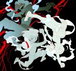  1boy cross_scar devil_fruit_power fur-trimmed_shorts fur_trim gear_fifth grin hat hat_on_back highres looking_at_viewer male_focus monkey_d._luffy multiple_views one_piece open_mouth red_eyes running sandals sash scar scar_on_cheek scar_on_chest scar_on_face short_hair shorts smile straw_hat transformation upside-down white_hair white_shorts yab4iiy0 