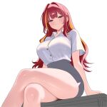  1girl absurdres akane_lize arm_support arms_at_sides bare_legs blonde_streaks blush breasts button_gap closed_mouth collared_shirt commentary_request crossed_legs double-parted_bangs feet_out_of_frame from_below grey_eyes grey_skirt hair_intakes highres korean_commentary large_breasts long_hair looking_at_viewer looking_down multicolored_hair pencil_skirt pha0273 red_eyes shiny_skin shirt shirt_tucked_in short_sleeves simple_background sitting skirt solo stellive streaked_hair thighs virtual_youtuber white_background white_shirt 