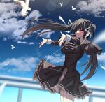  1girl :o absurdres bird black_capelet black_dress black_hair blue_sky blurry blurry_background blush breasts capelet cloud commentary_request cowboy_shot day dress floating_clothes floating_hair frilled_dress frills gabanborjarnon hair_between_eyes hair_ribbon highres honma_misuzu impossible_clothes impossible_dress lace-trimmed_ribbon lace_trim large_breasts lens_flare long_hair long_sleeves looking_ahead open_mouth outdoors outstretched_arms outstretched_hand red_eyes ribbon sakura_no_toki sakura_no_uta school_uniform seagull sidelocks sky solo straight_hair twintails very_long_hair white_ribbon 