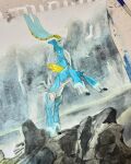  aqua_eyes black_sclera closed_mouth colored_sclera commentary english_commentary full_body highres horns iron_crown mofinngram no_humans non-humanoid_robot outdoors painting_(medium) photo_(medium) pokemon pokemon_(creature) pokemon_focus rearing robot robot_animal solo traditional_media unfinished watercolor_(medium) 