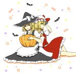 2girls apron ascot back_bow bat_(animal) black_hat black_skirt black_vest blonde_hair bow closed_mouth collared_shirt commentary_request cosplay costume_switch flandre_scarlet flandre_scarlet_(cosplay) frilled_shirt_collar frilled_skirt frills hat hat_bow jack-o'-lantern kirisame_marisa kirisame_marisa_(cosplay) long_hair looking_at_viewer mangetsu_(yayoi) missing_wings mob_cap multiple_girls one_side_up puffy_short_sleeves puffy_sleeves red_bow red_eyes red_skirt red_vest shirt short_sleeves sitting skirt skirt_set smile touhou vest waist_apron white_apron white_bow white_hat white_shirt witch_hat yellow_ascot yellow_eyes 