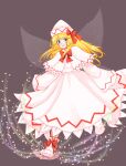  1girl blonde_hair blue_eyes bow brown_background capelet closed_mouth commentary_request dress fairy fairy_wings falling_petals frilled_dress frilled_skirt frills full_body hair_bow hakase_(chitama_shinryaku) hat hat_bow highres light_blush lily_white long_hair long_sleeves looking_at_viewer magic petals red_bow skirt smile solo touhou walking white_capelet white_dress white_hat wide_sleeves wings 