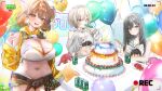  3girls absurdres ahoge anis_(nikke) anis_(star)_(nikke) balloon bandeau bare_shoulders black_hair black_sports_bra blue_eyes blush breasts brown_eyes brown_hair cake can character_doll chest_strap choker cleavage closed_mouth clothing_cutout collarbone commander_(nikke) cropped_hoodie doll doro_(nikke) drink_can emu_(emuemuart) food fork gloves goddess_of_victory:_nikke green_shorts grey_hair hair_intakes hair_ornament hairband hairclip headband highres holding holding_fork hood hoodie large_breasts long_hair long_sleeves looking_at_viewer midriff mint_(fresh_mint)_(nikke) mint_(nikke) multiple_girls navel official_alternate_costume open_mouth prika_(cool_paprika)_(nikke) prika_(nikke) rapi_(nikke) rapi_(red_hood)_(nikke) recording short_hair short_shorts shorts shoulder_cutout shrug_(clothing) side_slit side_slit_shorts sleeveless smile soda_can sports_bra t.t._star_(nikke) white_bandeau white_choker white_headband white_hoodie yellow_shrug 