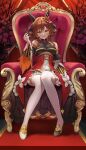  1girl :d absurdres animal_ears asymmetrical_footwear bare_shoulders black_dress black_skirt black_sleeves braid braided_hair_rings breasts brown_hair chess_piece cleavage commentary_request commission dress ear_covers flower full_body gentildonna_(regina_dei_fiori)_(umamusume) gentildonna_(umamusume) gloves hair_rings highres holding holding_chess_piece horse_ears horse_girl king_(chess) large_breasts long_hair looking_at_viewer mismatched_footwear murazo_(0606) red_dress red_flower red_rose rose see-through_cleavage see-through_clothes shoes sitting skeb_commission skirt sleeveless sleeveless_dress smile solo thighhighs throne two-tone_dress umamusume v-shaped_eyebrows white_gloves white_shoes white_thighhighs 