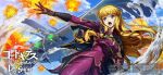  1girl aircraft bad_link black_gloves blonde_hair blue_eyes blue_sky blunt_bangs capelet cloud code_geass code_geass:_lost_stories copyright_logo copyright_name explosion f4samurai gloves gloves_over_sleeves highres jacket logo monica_kruszewski official_alternate_costume official_art open_mouth outstretched_arm purple_capelet purple_jacket purple_skirt red_ribbon ribbon serious sidelocks skirt sky under-elbow_gloves 