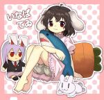  1girl :3 ahoge animal_ears barefoot bloomers blush border carrot character_doll character_name commentary doll dress floppy_ears fumo_(doll) highres inaba_mob_(touhou) inaba_tewi looking_at_viewer medium_hair outline pink_border pink_dress puffy_short_sleeves puffy_sleeves rabbit rabbit_ears rabbit_girl red_eyes reisen_udongein_inaba ribbon-trimmed_dress ribbon_trim short_sleeves sitting smile solo stuffed_animal stuffed_shark stuffed_toy toes touhou translated white_bloomers white_outline yamadainari |_| 