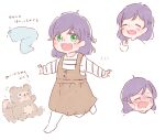  1girl aged_down blush child commentary_request crying eclaircat green_eyes love_live! love_live!_school_idol_project multiple_views open_mouth orange_skirt purple_hair running simple_background skirt striped_clothes stuffed_animal stuffed_toy tojo_nozomi towel 