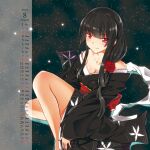  1girl 2014 bare_shoulders barefoot black_hair black_kimono blunt_bangs blunt_ends blush breasts calendar_(medium) cleavage closed_mouth collarbone commentary_request dated flower full_body hair_flower hair_ornament haiyore!_nyaruko-san highres hime_cut japanese_clothes kimono large_breasts long_hair long_sleeves looking_at_viewer night outdoors print_kimono red_eyes red_flower red_rose rose shirogane_atoko sitting sky smile solo spider_web_print star_(sky) starry_sky straight_hair thighs v-shaped_eyebrows wide_sleeves yuto_(dialique) 