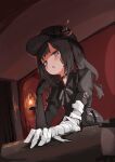  1girl arm_belt asymmetrical_gloves bandaged_arm bandaged_hand bandages black_choker black_coat black_dress black_gloves black_hair black_hat black_ribbon choker coat collared_dress commentary_request dress gloves goggles goggles_on_headwear grey_eyes hair_ornament hat highres kurobe_nanoka lamp long_hair looking_at_viewer mahou_shoujo_no_majo_saiban neck_ribbon ribbon sitting solo table tou_chan06 twintails 