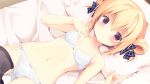  1girl bed_sheet black_skirt blonde_hair blush bow bow_bra bow_panties bra breasts cameltoe closed_mouth collarbone double_bun game_asset hair_between_eyes hair_bow hair_bun hair_ribbon hoshigaoka_ciel koi_ni_kanmi_o_soete looking_at_viewer lying miyasaka_miyu miyasaka_naco navel on_back on_bed panties pillow purple_eyes ribbon short_hair side-tie_panties skirt small_breasts smile solo underwear underwear_only white_bra white_panties 
