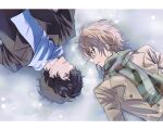  2boys akechi_goro amamiya_ren black_hair black_jacket border brown_coat brown_hair closed_mouth coat eye_contact highres jacket letterboxed looking_at_another male_focus multiple_boys nokcho2d persona persona_5 scarf short_hair snowing sweater trench_coat upper_body white_border white_scarf yaoi 