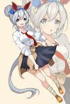  1girl absurdres animal_ears blue_eyes blue_hairband braid braided_base breasts brown_cardigan brown_shoes bun_with_braided_base cardigan cardigan_around_waist clothes_around_waist collared_shirt commentary ear_covers english_commentary grey_hair grey_tail hair_between_eyes hair_bun hairband headband highres horse_ears horse_girl horse_tail long_hair long_sleeves medium_breasts multicolored_hairband necktie open_mouth red_headband red_necktie rightman-sensei shirt shoes smile socks striped_clothes striped_hairband tail tamamo_cross_(umamusume) two-tone_hairband umamusume white_shirt white_socks zenless_zone_zero 