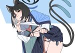  1girl animal_ears bikini bikini_under_clothes black_bikini black_eyes black_hair black_sailor_collar black_skirt blue_archive blue_kimono blush breasts cat_ears cat_tail choker clothes_lift eyeliner fu-ta grey_bikini halo japanese_clothes kikyou_(blue_archive) kikyou_(swimsuit)_(blue_archive) kimono layered_bikini long_sleeves looking_at_viewer makeup medium_breasts multiple_tails neckerchief parted_bangs pleated_skirt sailor_collar shirt short_hair skirt solo swimsuit tail thighs two_tails white_shirt 