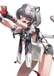  1girl absurdres animal_ears arknights arknights:_endfield arms_up black_shorts blush breasts closed_eyes commentary cowboy_shot eyepatch fingerless_gloves gloves grey_hair hair_ornament highres one_eye_covered open_mouth red_gloves shirt short_hair short_sleeves shorts sideboob small_breasts solo stretching tail tail_raised tangtang_(arknights) teeth tiger_ears tiger_girl tiger_tail white_shirt yumyeongsaje 
