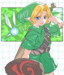  1boy blonde_hair blue_eyes deku_shield fairy green_hat green_tunic hat highres himuro_yukichiko kokiri_sword link navi shield the_legend_of_zelda the_legend_of_zelda:_ocarina_of_time translation_request tunic wooden_shield young_link 