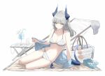 1girl arknights aviator_sunglasses bag bare_arms bare_legs barefoot bikini blue_horns breasts closed_mouth commentary cup from_side hat highres horns leaning_to_the_side liskarm_(arknights) long_hair looking_at_viewer medium_breasts navel pppmepl shoes smile snifter_glass solo stomach striped_bikini striped_clothes sunglasses swimsuit tail tinted_eyewear untranslatable_commentary unworn_hat unworn_headwear unworn_shoes white_hair wide_shot yellow_eyes yellow_nails 