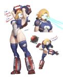  1girl abs absurdres biceps blonde_hair blue_eyes breasts commentary english_commentary eye_beam fallout fallout_3 highleg highleg_leotard highres large_breasts leotard liberty_prime medium_hair multiple_views muscular muscular_female nuclear_weapon patriotism personification simple_background star_ornament thick_thighs thighhighs thighs throwing torn_clothes torn_thighhighs white_background white_leotard whitter 