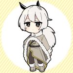  1girl antennae black_pantyhose blush boots bright_pupils brown_boots brown_coat chibi chibi_only closed_mouth coat commentary_request double-parted_bangs expressionless full_body fur-trimmed_coat fur-trimmed_sleeves fur_trim long_sleeves nise_dorothia original pantyhose short_hair slit_pupils solo standing tail white_hair white_pupils 