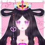  1girl absurdres bare_shoulders beads black_hair border brooch character_request chinese_commentary closed_mouth collarbone colored_eyelashes commentary_request commission crown dress gold_crown gold_necklace hair_beads hair_ornament hair_rings happy heart heart_brooch heart_hair_ornament heart_in_eye heart_necklace highres jewelry light_blush light_smile lipstick long_hair long_sidelocks looking_at_viewer makeup mini_crown necklace nostrils off-shoulder_dress off_shoulder outline outside_border pink_background pink_dress pink_eyes pink_lips plaid_background ringlets sample_watermark shi_yangyang_ya sidelocks solo straight-on symbol_in_eye upper_body watermark watermark_grid white_border white_outline yeluoli_jingling_meng 
