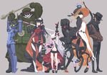  4girls android arm_up arms_up barefoot belt black_panties bodysuit boots cape coat domino_mask dva everyone eyepatch fedora flat_chest full_body galaktika gas_mask gauntlets general_pepel grey_background hands_in_pockets hat helmet highres hood hoodie hoshimiya_kate jimon_asuta katana kuroboshi_kouhaku kurukuru_(sekai_seifuku) leotard long_coat looking_at_viewer mask midriff military military_hat military_uniform morozumi_yasubee multiple_boys multiple_girls natasha_(sekai_seifuku) no_bra odin_(seikai_seifuku) official_art panties pants panzerfaust peaked_cap pickelhaube plamja-sama professor_um red_leotard roboko_(sekai_seifuku) robot sekai_seifuku:_bouryaku_no_zvezda shikabane_gorou shikabane_itsuka side-tie_panties simple_background standing stuffed_toy sword underwear uniform venera-sama weapon witch_hat 