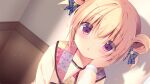  1girl :o blonde_hair blue_bow blush bow double_bun dutch_angle game_asset hair_between_eyes hair_bow hair_bun hand_on_another's_cheek hand_on_another's_face hoshigaoka_ciel indoors koi_ni_kanmi_o_soete long_sleeves looking_at_viewer miyasaka_miyu miyasaka_naco parted_lips plaid_bow pov pov_hands purple_eyes short_hair solo_focus 