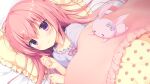  1girl bed_sheet blanket blush bow food_print frilled_pillow frills fruit_print game_asset hair_between_eyes koi_ni_kanmi_o_soete long_hair looking_at_viewer lying miyasaka_miyu miyasaka_naco niwasaka_rira on_side pajamas pillow pink_bow pink_hair purple_eyes rabbit solo strawberry_print stuffed_animal stuffed_rabbit stuffed_toy under_covers 