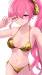  1girl ;) alternate_costume armpits bare_arms bare_shoulders bikini blush bow breasts cait_aron cleavage collarbone commentary_request fire_emblem fire_emblem:_new_mystery_of_the_emblem gold_bikini hair_bow hand_up highres long_hair looking_at_viewer medium_breasts navel one_eye_closed phina_(fire_emblem) pink_eyes pink_hair ponytail smile solo standing stomach swimsuit thighs v very_long_hair 