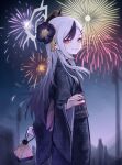  1girl absurdres aerial_fireworks black_choker black_flower black_hair black_horns black_kimono blue_archive blue_sky bright_pupils choker commentary cowboy_shot dawn demon_girl demon_horns earclip fireworks flower from_side gradient_sky grey_halo hair_flower hair_ornament hairclip halo hand_up highres holding_kinchaku horns japanese_clothes kayoko_(blue_archive) kayoko_(new_year)_(blue_archive) kimono kinchaku long_hair looking_at_viewer looking_to_the_side multicolored_hair obi official_alternate_costume outdoors parallel_hairclips pouch purple_sky red_eyes sash sky smile solo two-tone_hair untranslatable_commentary wheel_print white_hair white_pupils yoon_cook 