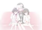  2girls 3girls aged_down ahoge aru0607 bandaged_arm bandaged_leg bandages bandaid bandaid_on_face bandaid_on_leg belt beret black_choker black_coat black_hair black_hat center_frills choker closed_eyes coat collared_coat commentary_request couch dress flower flower-trimmed_shorts flower-trimmed_sleeves frills gauze gauze_on_face gradient_hair hair_flower hair_ornament hat hat_flower hat_ribbon highres housho_margo long_sleeves mahou_shoujo_no_majo_saiban multicolored_hair multiple_girls neck_ribbon o-ring o-ring_thigh_strap panties parted_bangs pink_hair puffy_sleeves ribbon sakuraba_ema sawatari_coco shirt short_hair simple_background sleeping sleeping_on_person sleeveless sleeveless_coat spoilers thigh_strap underwear white_background white_dress white_flower white_hair white_panties white_ribbon white_shirt white_sleeves x_hair_ornament 