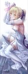  1girl absurdres artoria_pendragon_(fate) black_garter_straps black_ribbon blush breasts cleavage commentary dress elbow_gloves english_commentary fate/stay_night fate_(series) garter_straps gloves grey_eyes hair_ribbon high_heels highres moda_(mo_da_3) ponytail ribbon saber_(fate) shoes solo thighhighs white_dress white_gloves white_shoes white_thighhighs 