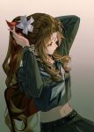  1girl aerith_gainsborough alternate_costume black_serafuku black_shirt black_skirt brown_hair chair commentary crop_top final_fantasy final_fantasy_vii flower gradient_background green_eyes grey_background hair_flower hair_ornament hair_ribbon highres long_hair long_sleeves midriff navel neckerchief parted_bangs pleated_skirt ponytail red_ribbon ribbon sailor_collar school_uniform serafuku shirt sidelocks sitting skirt solo tying_hair wavy_hair white_neckerchief yaoko 