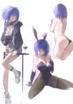  1girl absurdres animal_ears ankle_strap ass blue_eyes blue_gloves blue_hair blue_leotard breasts brown_pantyhose ciel_(tsukihime) closed_eyes commentary cropped_jacket cropped_legs cross cross_necklace cup drinking_glass elbow_gloves embarrassed fake_animal_ears fate/grand_order fate_(series) full_moon gloves highleg highleg_leotard highres jewelry large_breasts latin_cross leaning_on_table leotard medium_hair moon multiple_views mysterious_executor_c.i.e.l_(fate) necklace o_taku pantyhose playboy_bunny rabbit_ears shoes sneakers spread_legs thigh_strap topless_female wine_glass 