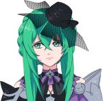  1girl armor black_bow bow choker closed_mouth crossed_bangs fascinator fire_emblem fire_emblem:_fortune's_weave frown green_eyes green_hair hair_between_eyes hat hat_bow kytobitt looking_to_the_side mini_hat ninae_(fire_emblem) purple_choker short_hair_with_long_locks shoulder_armor simple_background solo 