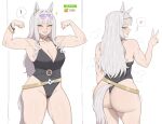  ! 1girl absurdres animal_ears armpits ass biceps black_one-piece_swimsuit breasts casual_one-piece_swimsuit cleavage clenched_hands closed_mouth collarbone commentary flexing from_behind gold_ship_(run_revolt_launcher)_(umamusume) gold_ship_(umamusume) grey_hair grey_tail hand_up hands_up highleg highleg_one-piece_swimsuit highres horse_ears horse_girl horse_tail huge_ass large_breasts long_hair looking_at_viewer looking_back multiple_views muscular muscular_arms muscular_female official_alternate_costume one-piece_swimsuit sakuzoarts sideways_glance simple_background smile spoken_exclamation_mark squinting swimsuit tail thick_thighs thighs umamusume v white_background 