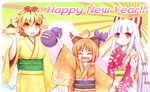  alternate_costume bishamonten's_pagoda black_hair blonde_hair bow chain dora_ita english fang floral_print flower fujiwara_no_mokou gourd hair_bow hair_ornament hair_ribbon horn_ribbon horns ibuki_suika japanese_clothes kimono long_hair multicolored_hair multiple_girls new_year obi open_mouth orange_hair petals red_eyes ribbon rising_sun sash seigaiha short_hair smile star sunburst suspenders toramaru_shou touhou two-tone_hair very_long_hair volcano white_hair 