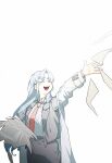  1girl ^_^ angela_(project_moon) black_skirt blue_hair blush cinamon0806 closed_eyes coat cowboy_shot highres lab_coat library_of_ruina lobotomy_corporation long_hair necktie open_mouth paper parted_bangs pencil_skirt project_moon red_necktie sidelocks simple_background skirt smile solo throwing very_long_hair white_background white_coat 