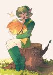  1boy 1girl ^_^ aged_down baby blonde_hair boots carrying carrying_baby carrying_person child closed_eyes dress fairy full_body green_boots green_dress green_hair green_hairband hairband kokiri link on_tree_stump open_mouth pointy_ears rani_grb saria_(zelda) short_hair signature sitting smile teeth the_legend_of_zelda the_legend_of_zelda:_ocarina_of_time tree_stump upper_teeth_only 