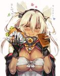  aida_takanobu blonde_hair blush breasts budget_sarashi cake castella_(food) cleavage commentary_request dark_skin eating fingerless_gloves food food_on_face glasses gloves hamburger headgear kantai_collection large_breasts looking_at_viewer musashi_(kantai_collection) pointy_hair red_eyes sarashi smile solo translated two_side_up underboob 