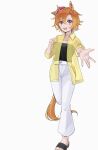  1girl animal_ears black_shirt breasts commentary_request crown full_body hair_between_eyes highres horse_ears horse_girl horse_tail jacket long_sleeves looking_at_viewer mia_umauma mini_crown open_clothes open_jacket open_mouth orange_hair orange_tail outstretched_arm pants pink_crown purple_eyes reaching reaching_towards_viewer sandals see-through_clothes see-through_jacket shirt short_hair simple_background smile solo strapless strapless_shirt t.m._opera_o_(umamusume) tail umamusume white_background white_pants yellow_jacket 