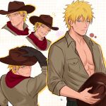  1boy abs artist_logo bandana blonde_hair blue_eyes breast_pocket brown_hat brown_shirt chococurrent commentary cowboy cowboy_hat cowboy_western facial_mark hat highres holding holding_unworn_clothes holding_unworn_hat logo long_sleeves looking_at_viewer multiple_views muscular muscular_male naruto_(series) one_eye_closed open_clothes open_shirt pocket red_bandana shirt short_hair simple_background spiked_hair tomato untranslatable_commentary unworn_hat unworn_headwear upper_body uzumaki_naruto whisker_markings 