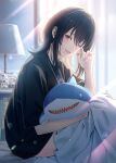  1girl asanagi_umi black_hair blurry blurry_background class_de_2-banme_ni_kawaii_onnanoko_to_tomodachi_ni_natta hair_between_eyes highres hyuuga_azuri long_hair looking_at_viewer official_art one_eye_closed open_mouth print_shirt red_eyes shirt sitting solo stuffed_animal stuffed_shark stuffed_toy 
