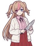  1girl alternate_costume bags_under_eyes basti_(girls'_frontline_2) blue_eyes brown_hair buttons collared_shirt commentary_request cowboy_shot dot_nose frilled_shirt frills girls'_frontline girls'_frontline_2:_exilium grey_jacket grey_sleeves heterochromia holding holding_knife jacket jirai_kei knife long_hair long_sleeves looking_at_viewer milk_tea_(freesky1031) mk23_(girls'_frontline) multicolored_hair pink_eyes pink_streaks pleated_skirt red_skirt shirt simple_background skirt smile solo streaked_hair twintails two-tone_hair white_background 