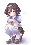  1girl ? black_hair brown_eyes grey_sailor_collar grey_skirt hairband highres kantai_collection korumochi neckerchief pleated_skirt rudder_footwear sailor_collar school_uniform serafuku shirt short_hair simple_background skirt solo spoken_question_mark squatting tanikaze_(kancolle) thighhighs white_background white_hairband white_shirt white_thighhighs yellow_neckerchief 