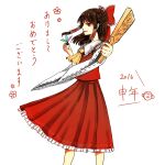  1girl 2016 ascot bow brown_hair chinese_zodiac commentary_request detached_sleeves frilled_bow frilled_hair_tubes frilled_skirt frills hagoita hair_bow hair_tubes hakurei_reimu hane_(hanetsuki) hanetsuki happy_new_year holding holding_paddle long_hair looking_at_viewer mangetsu_(yayoi) monkey new_year open_mouth paddle red_bow red_eyes red_skirt ribbon-trimmed_sleeves ribbon_trim simple_background skirt skirt_set smile solo touhou translation_request white_background year_of_the_monkey yellow_ascot 