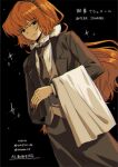  1girl apron black_apron black_eyes black_jacket black_necktie butler collared_shirt disgust dutch_angle expressionless female_butler freckles highres holding holding_towel ishmael_(project_moon) jacket lapels limbus_company long_hair looking_at_viewer low_ponytail necktie notched_lapels orange_hair ponytail project_moon shirt solo towel very_long_hair vmein_46 white_shirt 